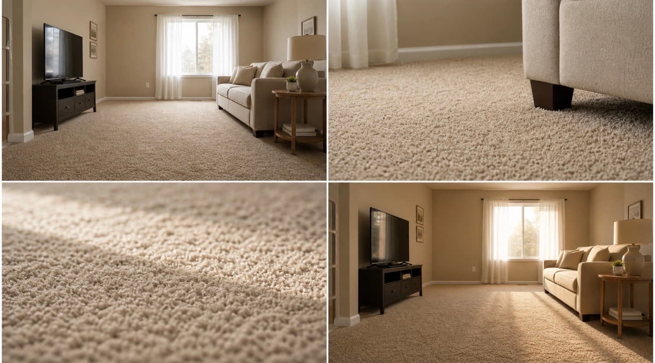 Soft bristle power scrubber cleaning a beige carpet in a bright living room