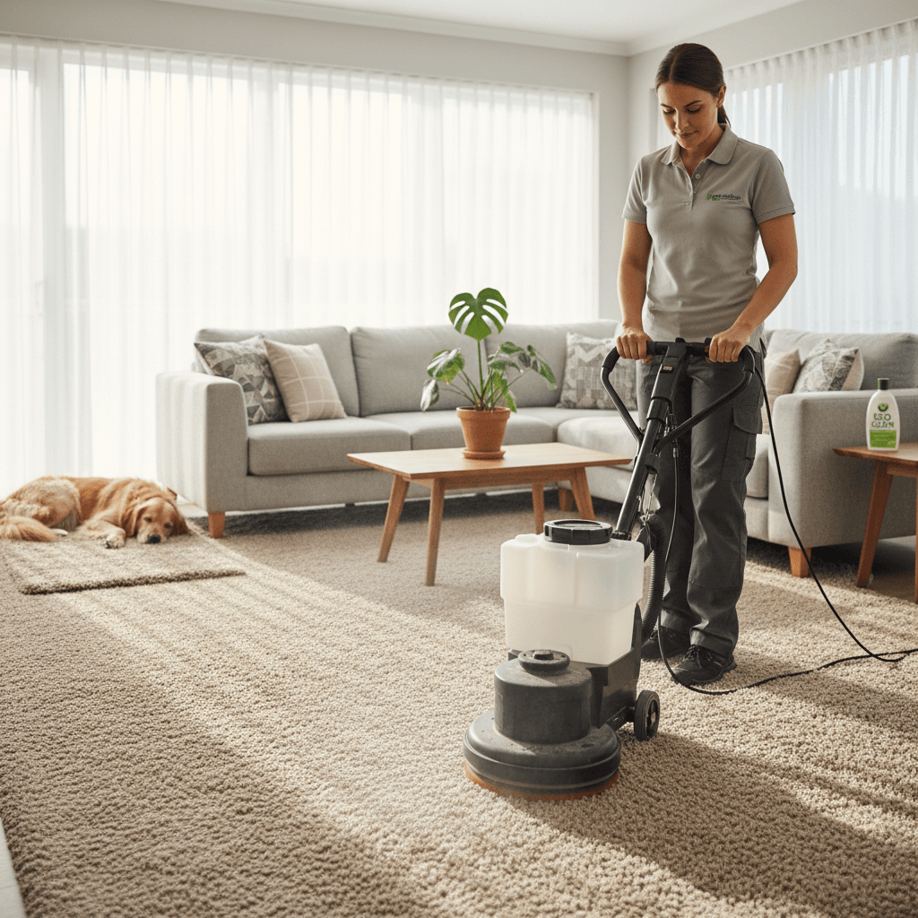 Carpet cleaning technician using a soft bristle power scrubber on beige carpet in a bright living room