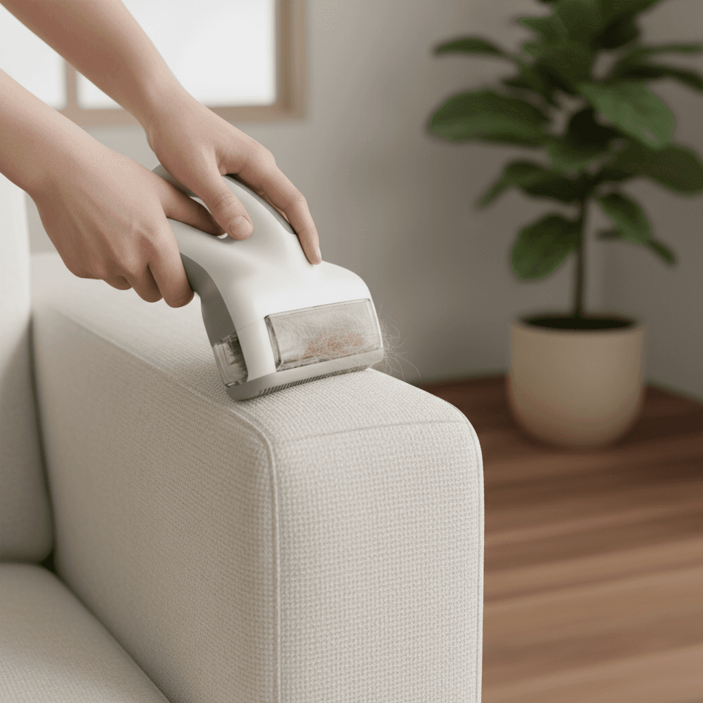 Hands demonstrating pet hair removal tool on cream sofa with collected fur visible in natural light