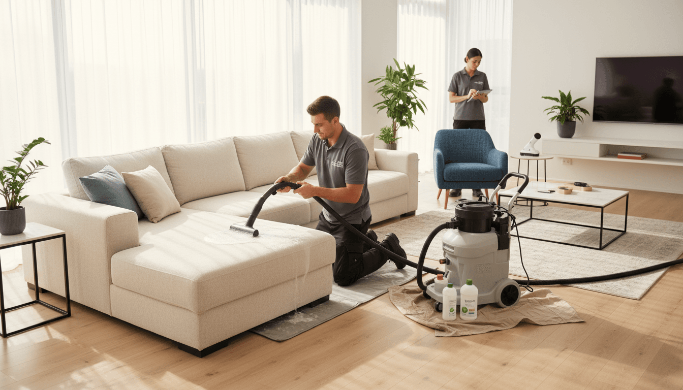 Professional furniture cleaning team using commercial equipment to deep clean sectional sofa and accent chair in bright residential living room
