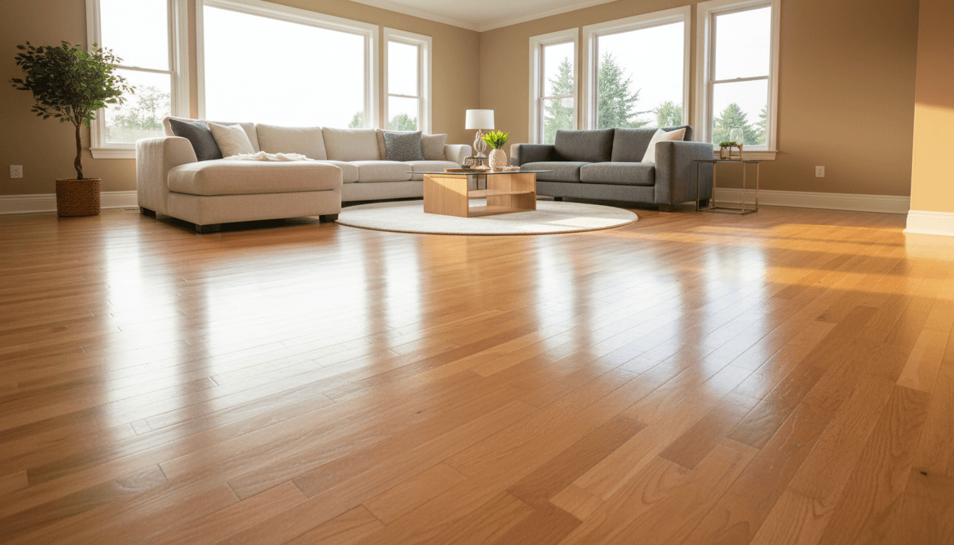 Spacious living room with newly installed honey-toned hardwood floors gleaming in natural afternoon light, showcasing finished renovation quality