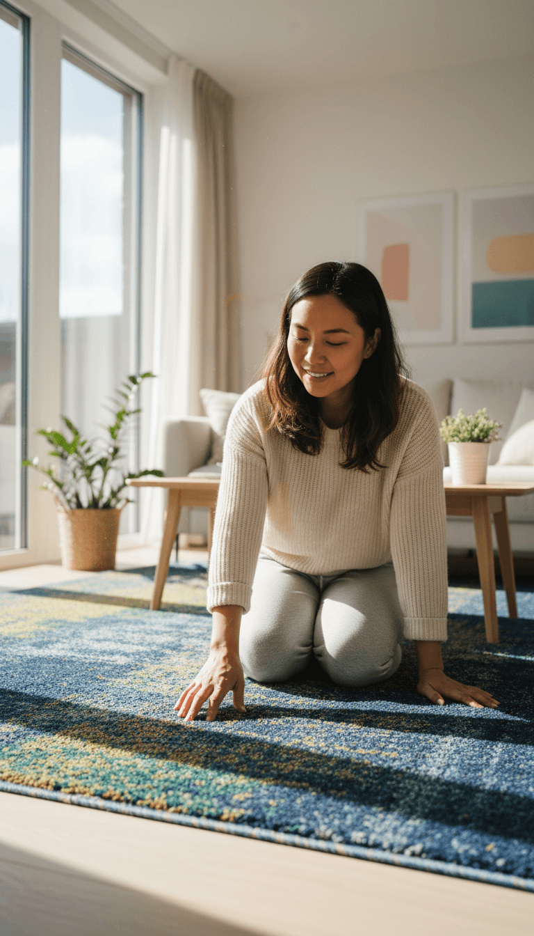 Woman inspecting freshly restored carpet in a bright living room