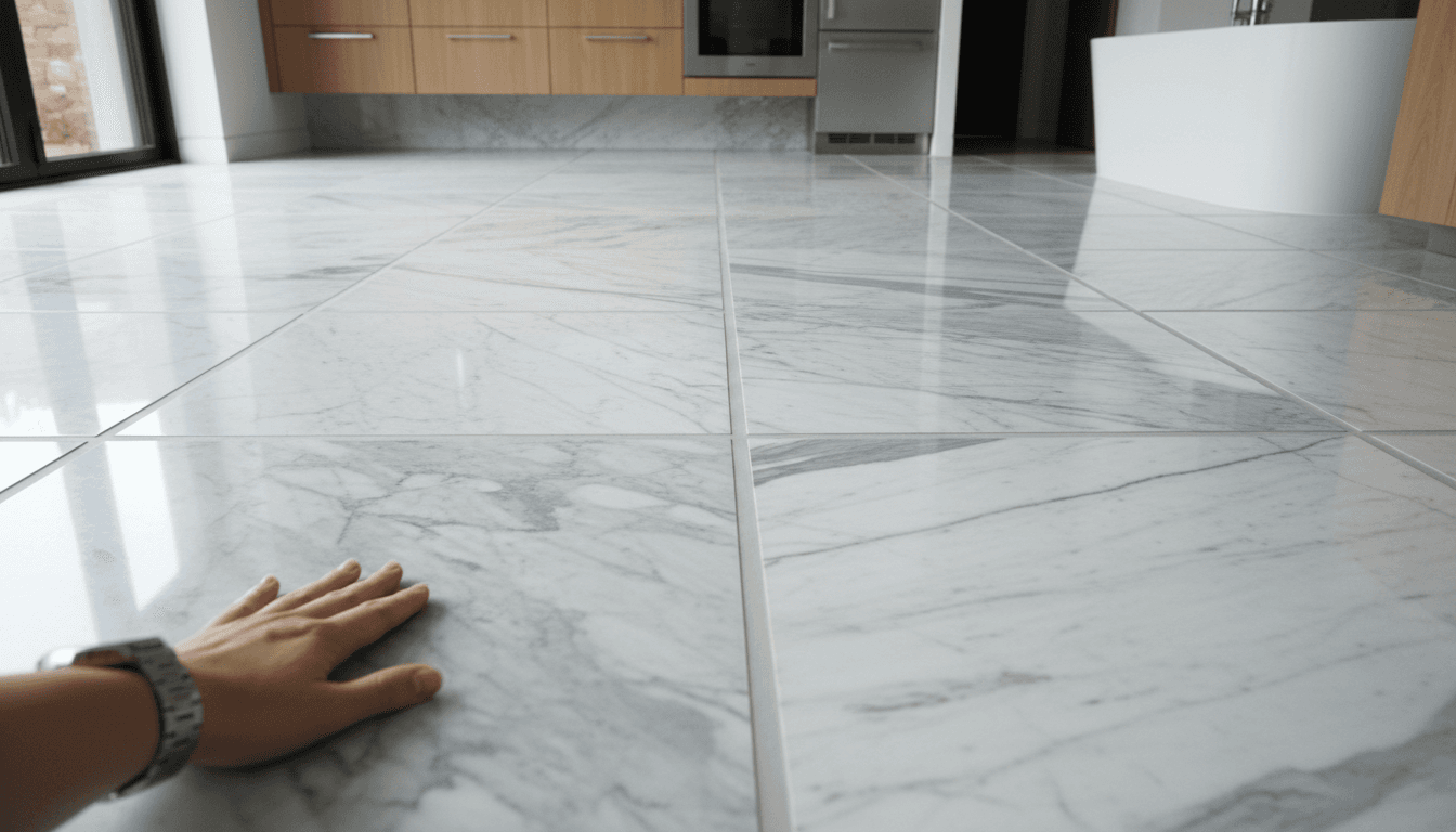 Freshly regrouted marble tile floor with perfect geometric grout lines and designer's hand indicating finished luxury installation
