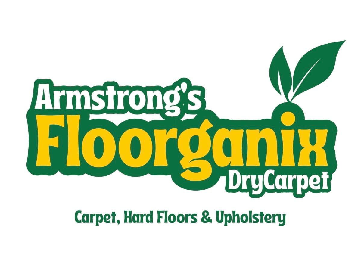 Armstrong's Floorganix Dry Carpet logo for carpet, hard floors and upholstery with green leaves.
